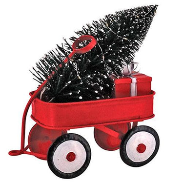 Red Metal Wagon w Tree & LED Light - The Fox Decor